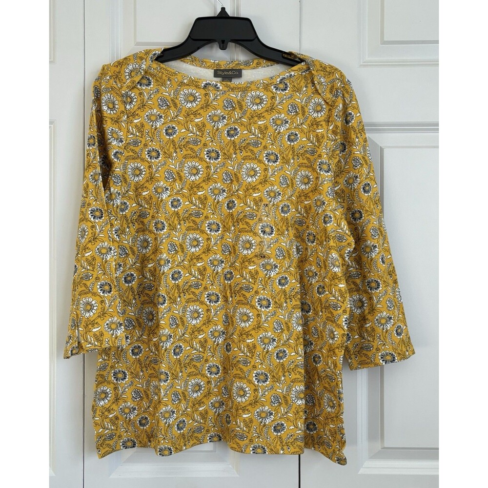 JM Collection Mustard Yellow Floral Print Three-Quarter Sleeve Blouse